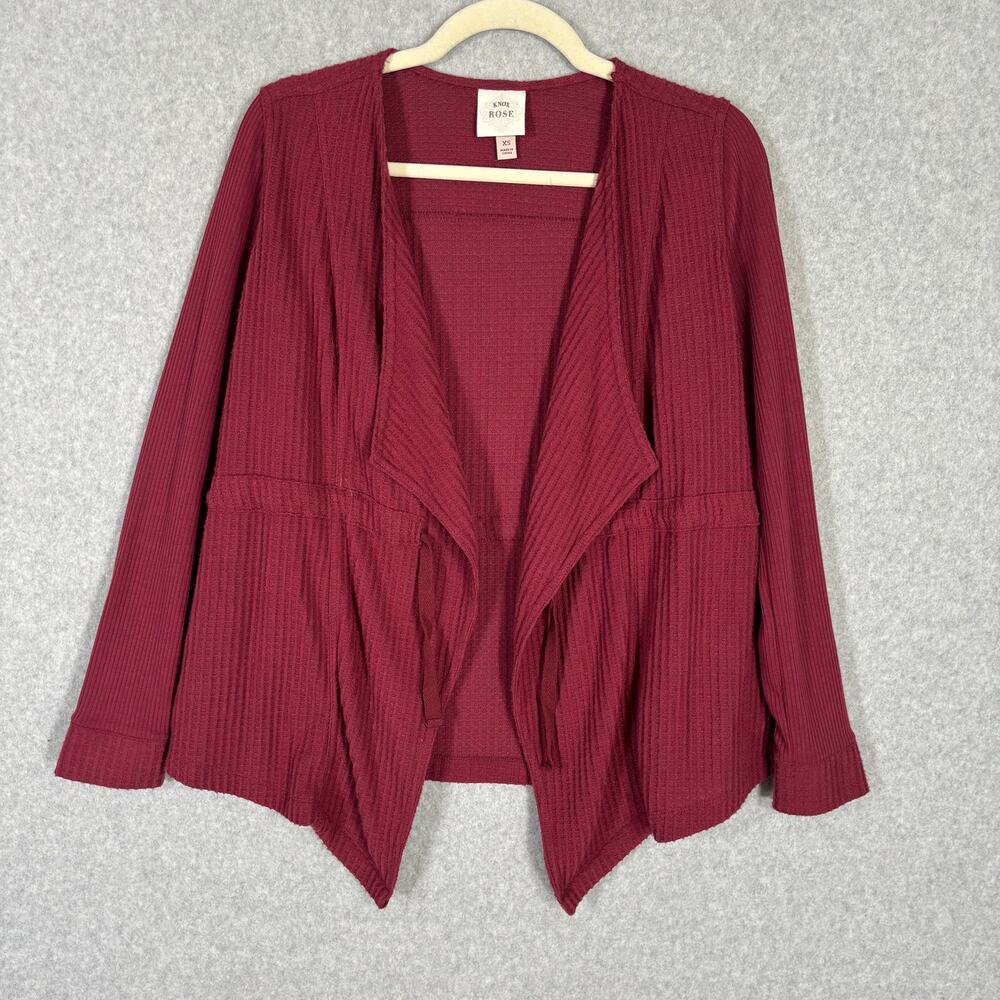 Knox Rose Cardigan Women XS Burgundy Open Drape Waffle Knit Comfy Jacket Sweater